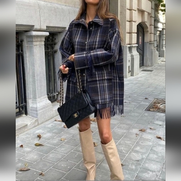 H&M Wool Blend Plaid Fringed Shacket Jacket Manteco Woven In Italy Collection XL - Picture 1 of 12